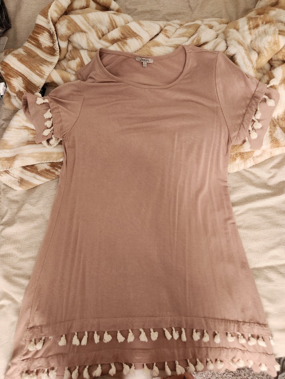 JODIFL Blush Taupe Tassel Short Sleeve Tunic